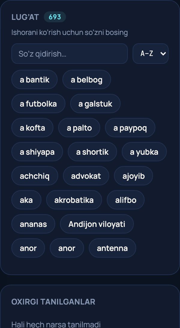 Qidiriladigan lug'at — 693 so'z
